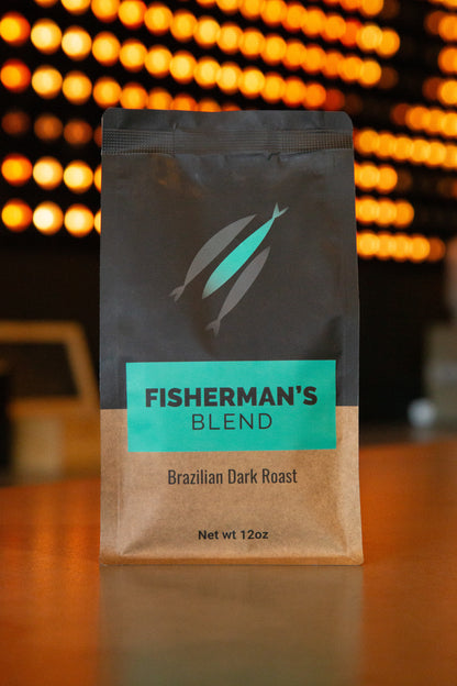 Empyr Coffee's Fisherman's Blend Brazilian Dark Roast 12oz bag with cerulean and brown label