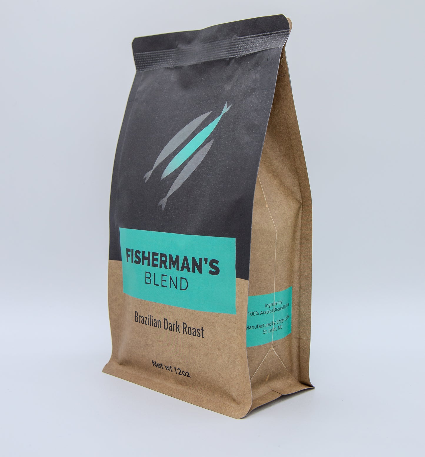 Empyr Coffee's Fisherman's Blend Brazilian Dark Roast 12oz bag with cerulean and brown label