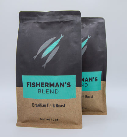 Empyr Coffee's Fisherman's Blend Brazilian Dark Roast 12oz bag with cerulean and brown label