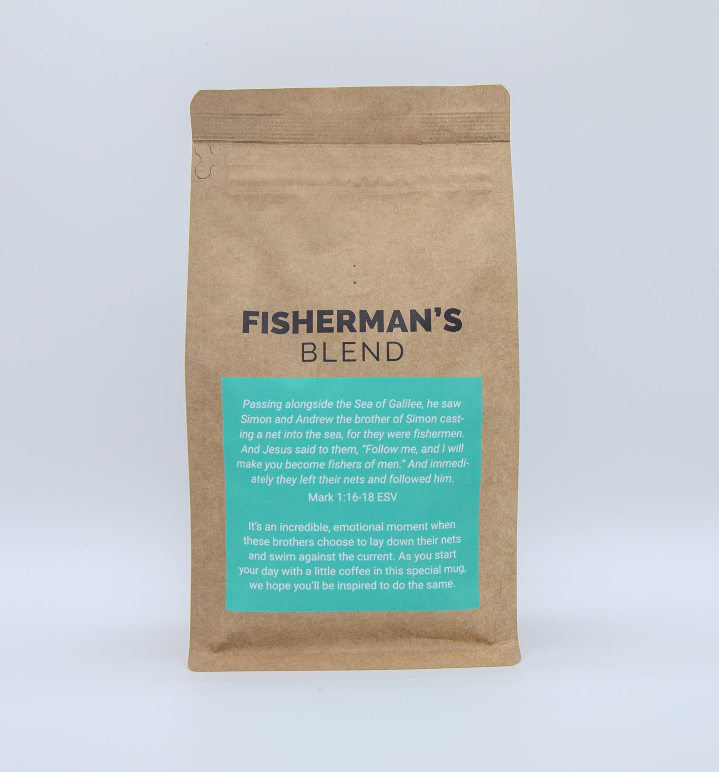 The back of Empyr Coffee's Fisherman's Blend Brazilian Dark Roast 12oz bag with cerulean and brown label