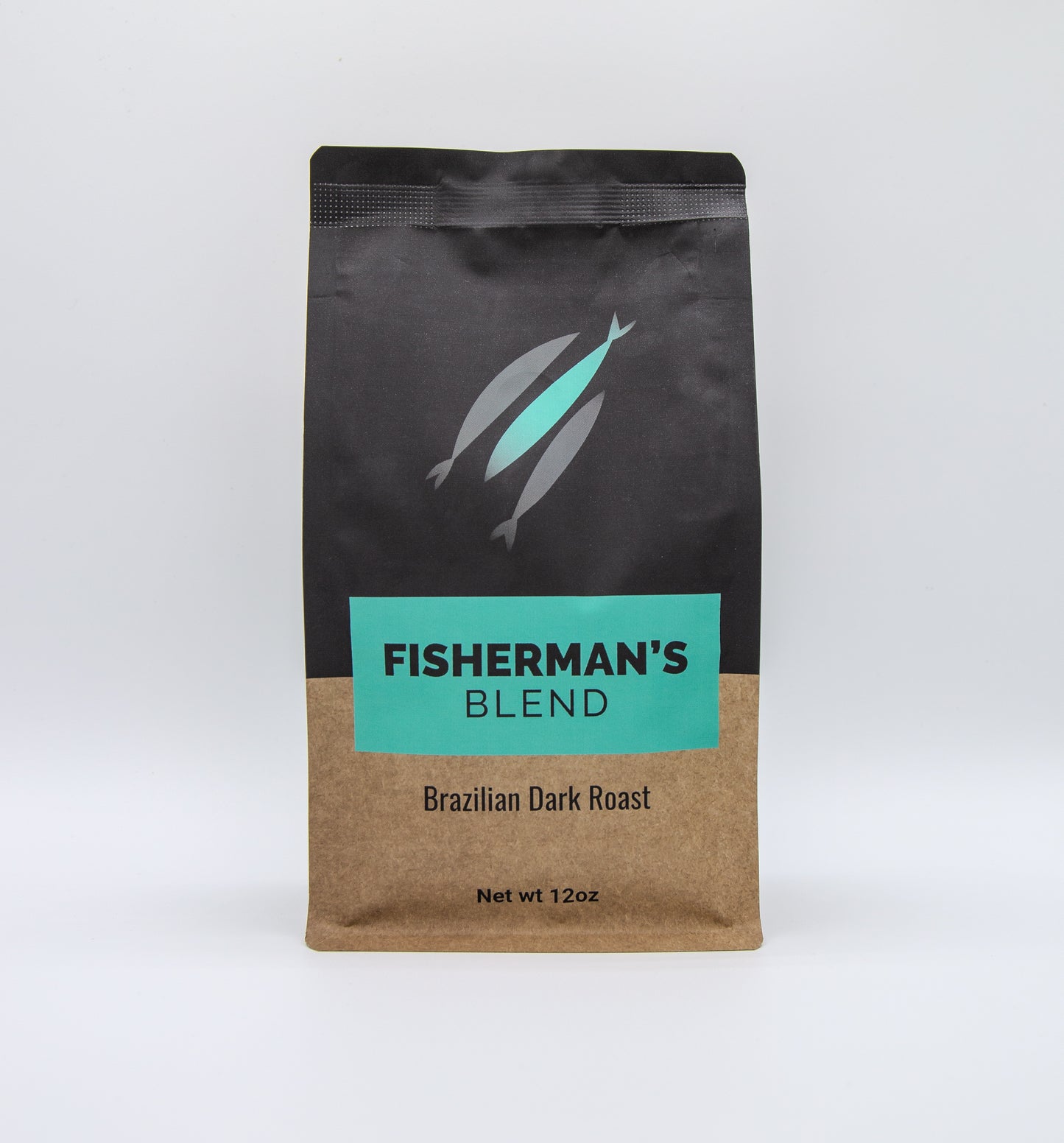 Empyr Coffee's Fisherman's Blend Brazilian Dark Roast 12oz bag with cerulean and brown label