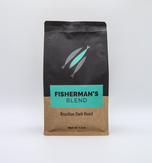 Empyr Coffee's Fisherman's Blend Brazilian Dark Roast 12oz bag with cerulean and brown label